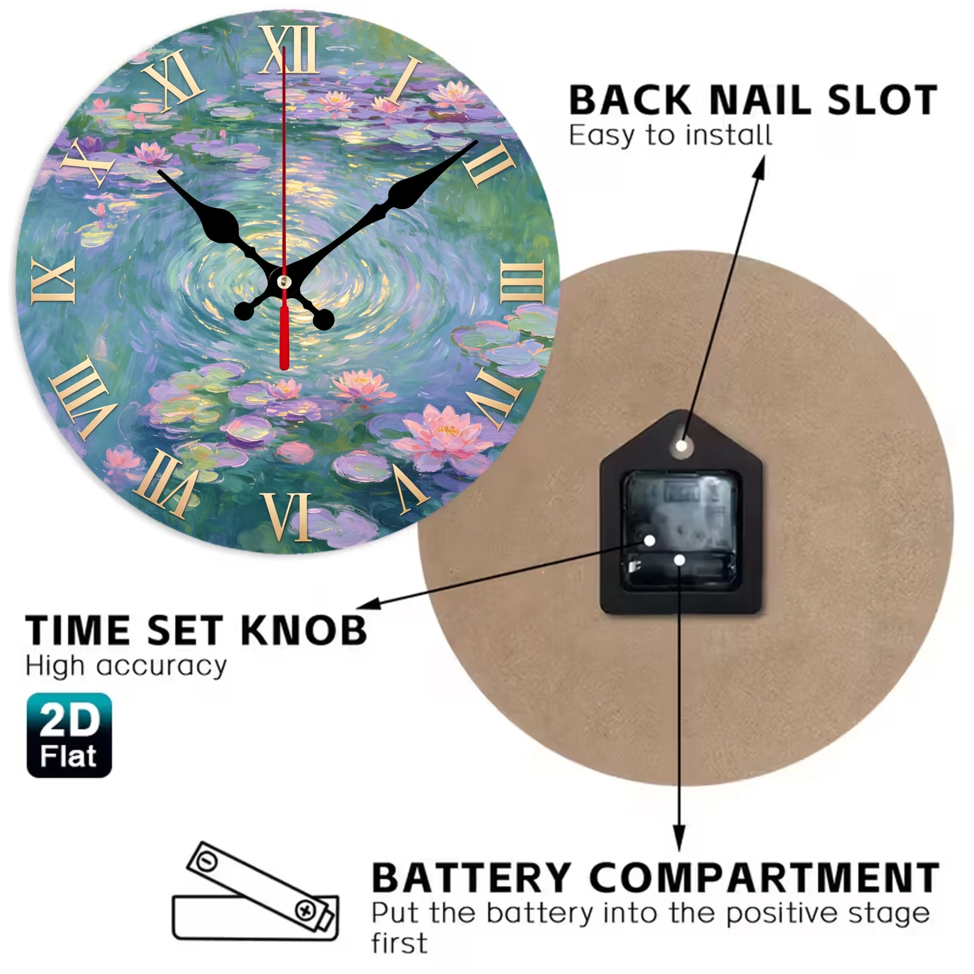 Water Lily Pond Oil Painting Wooden Wall Clock, 10/12 Inch Round Wood Clock, Silent Non Ticking Quartz Movement, Monet Floral Lotus Printed Home Decor