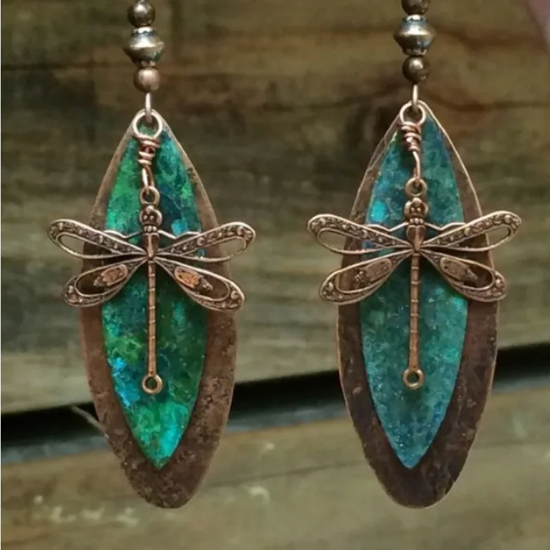 Vintage Copper Color Boho Dragonfly Green Stone Dangle Earrings Metal Carving Earrings for Women view 6