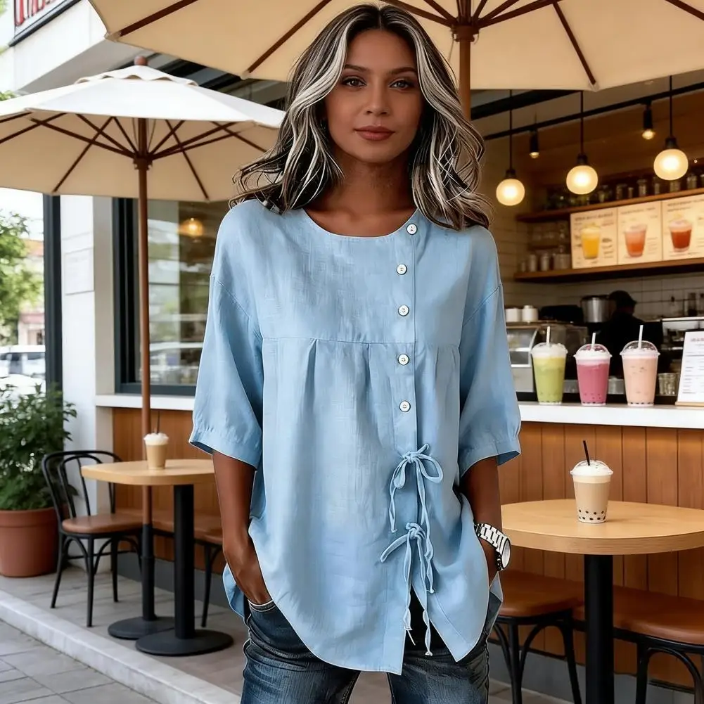 

Дышащая женская блузка с круглым вырезом, пуловер, футболка с короткими рукавами и пуговицами, свободного кроя, с боковой шнуровкой, однотонная.