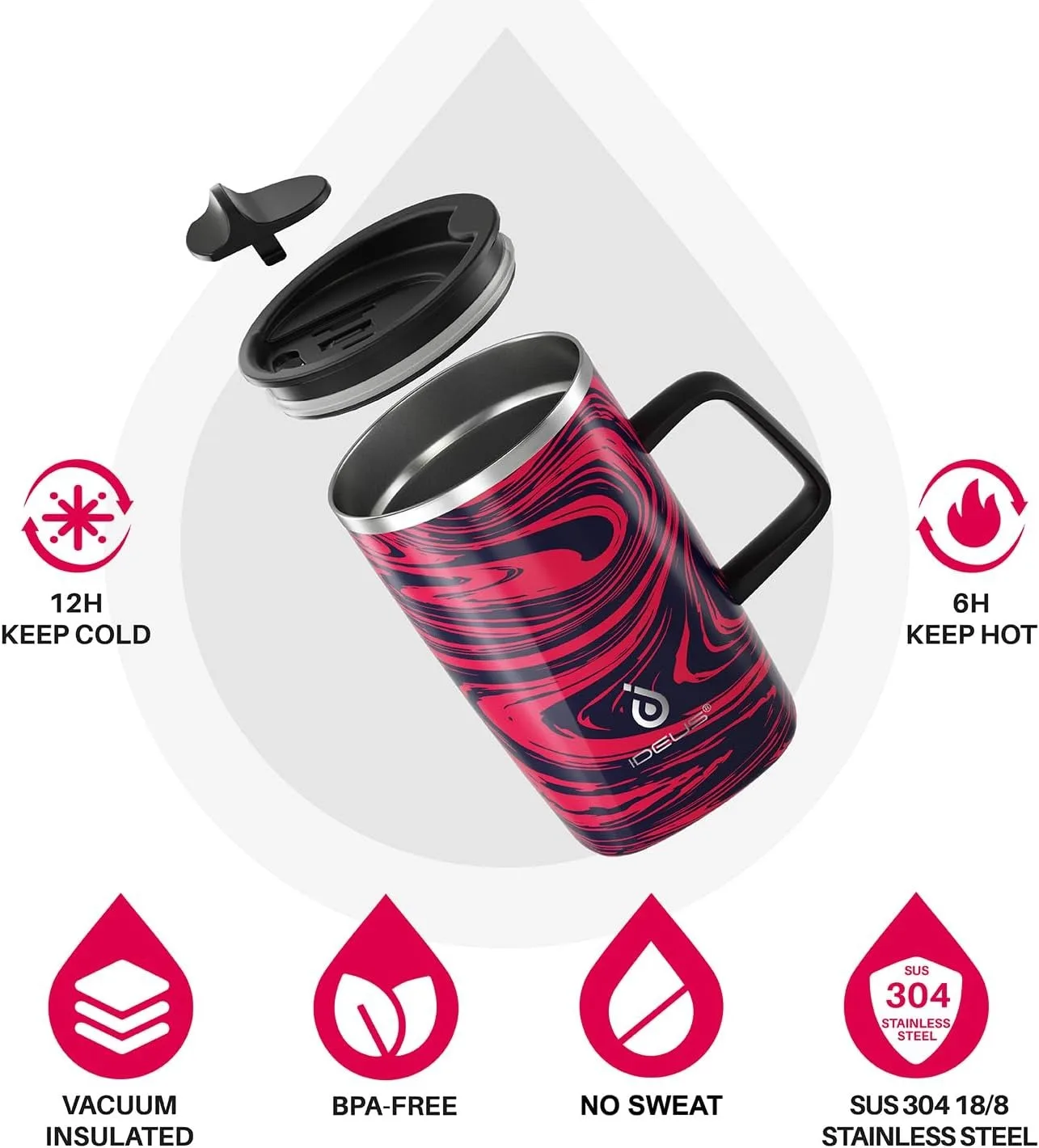 Ideus Vacuum Coffee Cup - 16oz Stainless Steel Double-Layer Cup With Handle And Slide Cover, Suitable For Hot And Cold Beverages