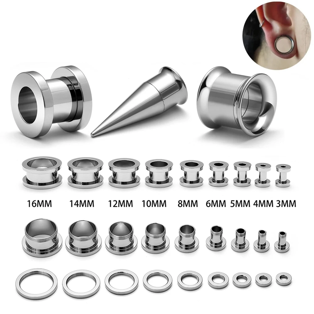 2Pcs Stainless Steel Screw Fit Double Flare Ear Flesh Tunnel Plug Expander Stretcher Piercing Body Jewelry Eyelet Gauges 3-16mm