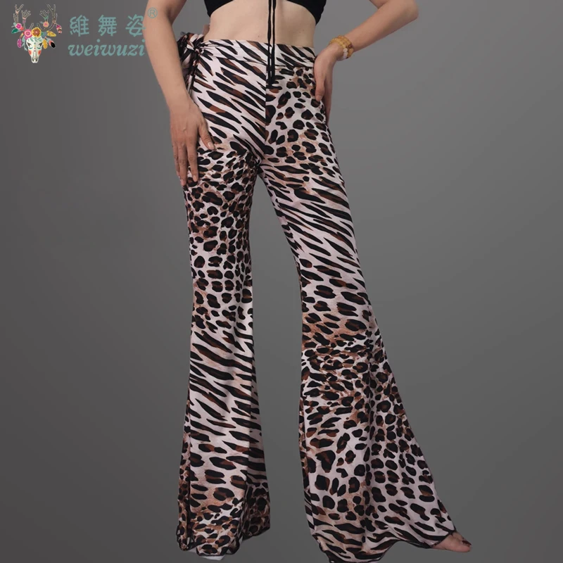 Pantalon d'entraînement de danse du ventre pour femmes, pantalon évasé à tambour, Leggings léopard Sexy, contrôle du ventre, vêtements de danse imprimés Slim