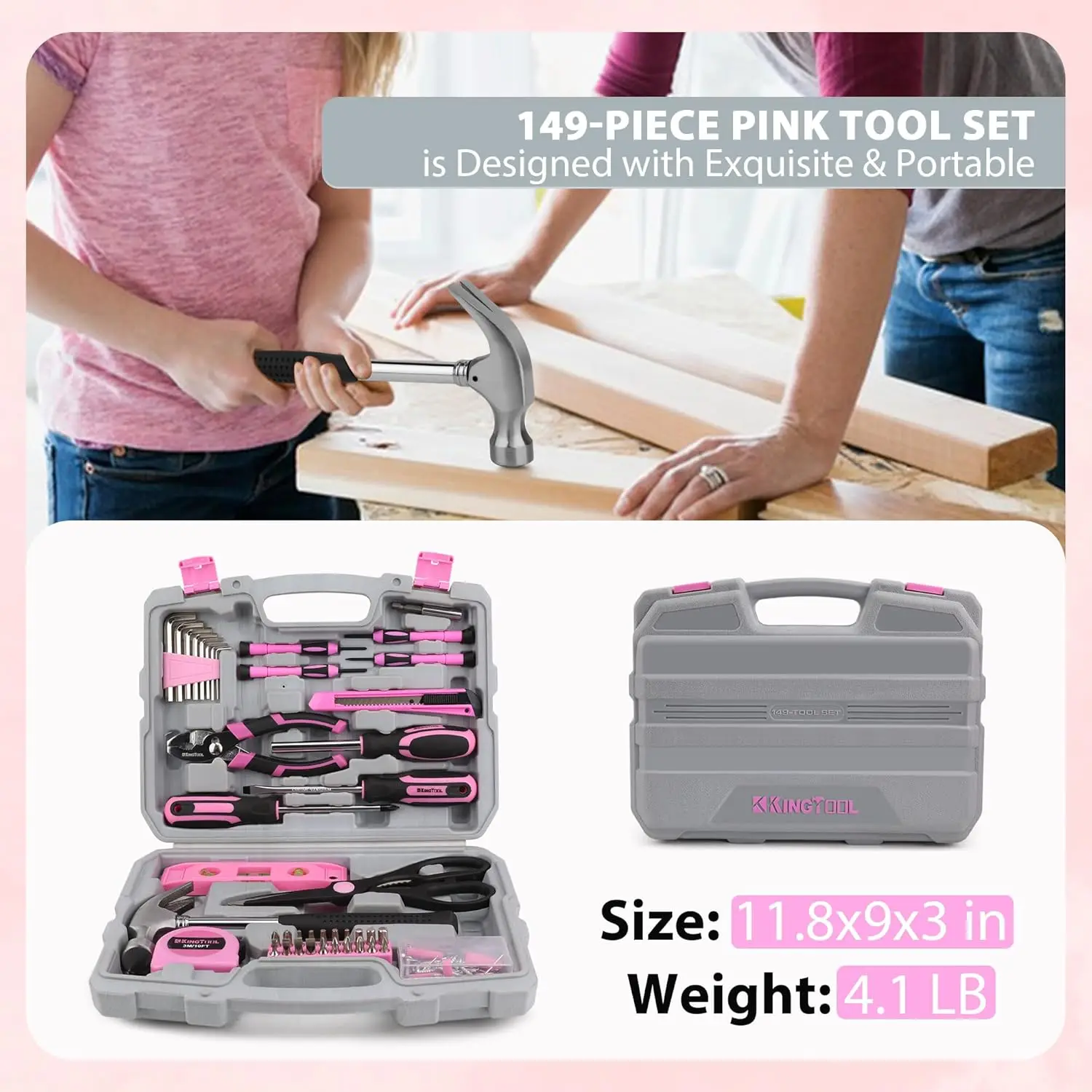 KingTool-Petite trousse à outils avec boîte à outils en plastique, rose, ensemble d'outils de base pour la réparation à domicile, parfait pour les femmes et le bureau, 149 pièces