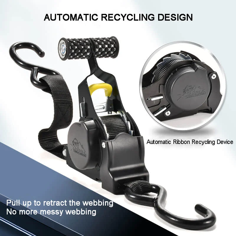 Auto Retractable Tightening Belt for Cargo - Black Electroplated, White Zinc T-Handle - No-Hassle Retraction, Secure