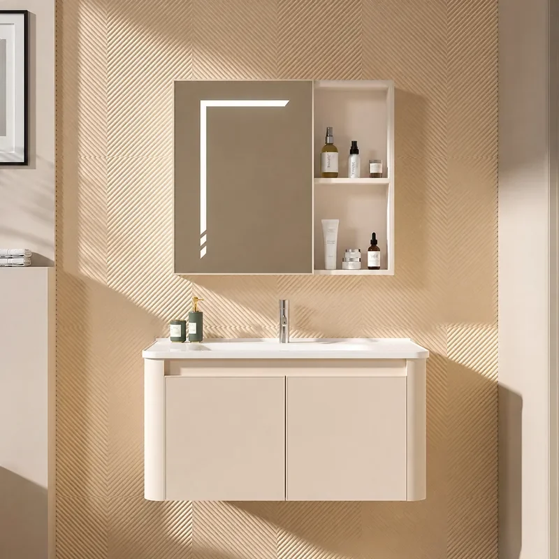 Cream Style Bathroom Cabinet with Ceramic Integrated Basin Honeycomb Aluminum Vanity Unit Washbasin and Storage Combo for
