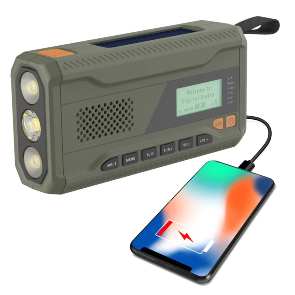 

Портативное DAB FM-радио с фонариком, BT-динамик, аварийное радио, перезаряжаемое солнечное радио для аварийного кемпинга, выживания