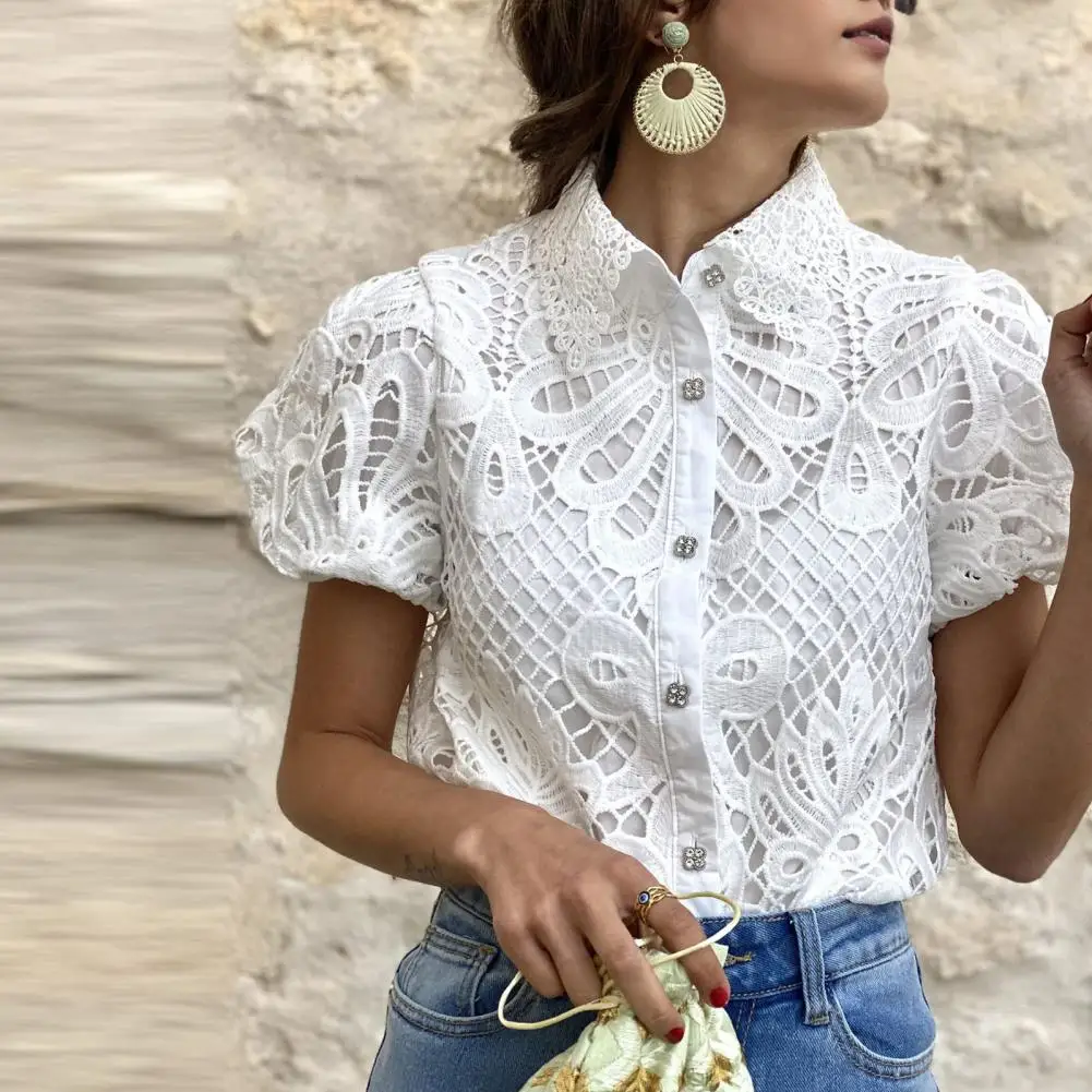 

Sexy Lace Crochet Cardigan Casual Solid Color Tops Puff Short Sleeve Slim Fit Shirt Tops Hollow Lace Crochet Blouse