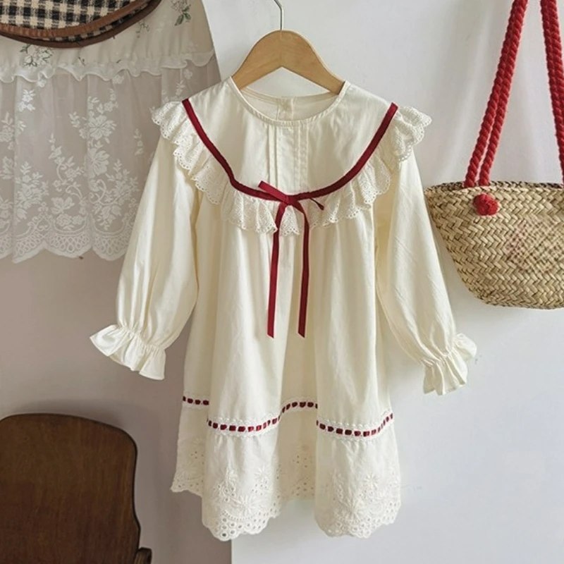 

Платье для маленьких девочек, кружевное платье контрастного цвета для девочек, осень 2022, детское платье с длинными рукавами и рюшами во французском стиле