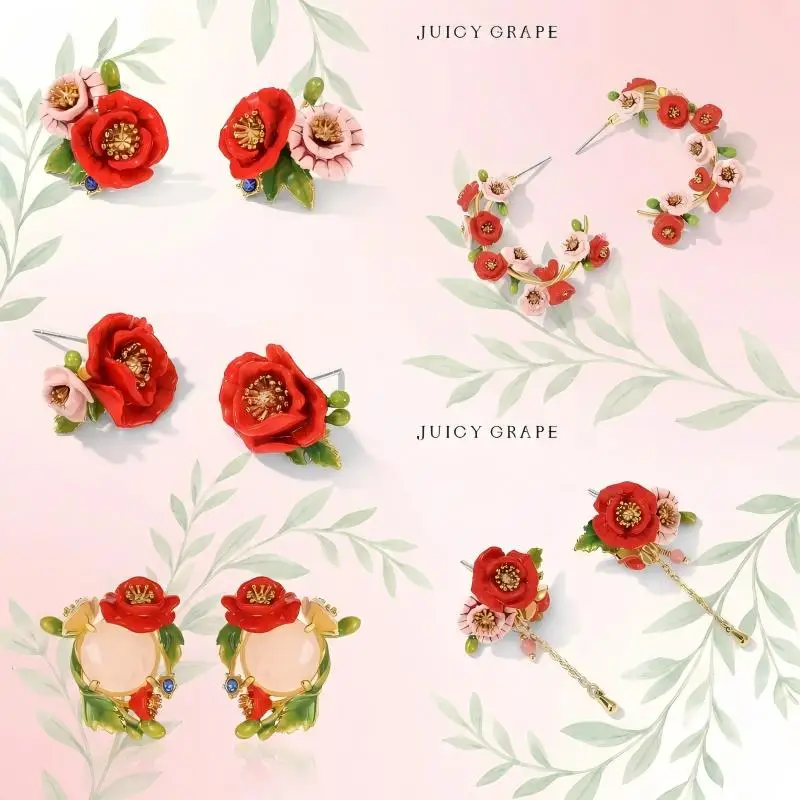 

Набор серег-гвоздиков и колец JUICY GRAPE с эмалью в виде красных маков, для женщин, легкая роскошь, для свадьбы и вечеринок, оригинальный дизайн