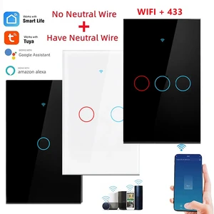 Tuya Smart Switches US No Neutral Wire Required 1/2/3 Gang Light WiFi Touch Switch Work with Alexa Google Home