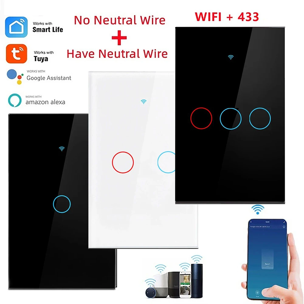 Tuya Smart Switch, US, Aucun fil melon al requis, 1/2/3 Gang Light, WiFi Touch, Fonctionne avec Alexa Google Home