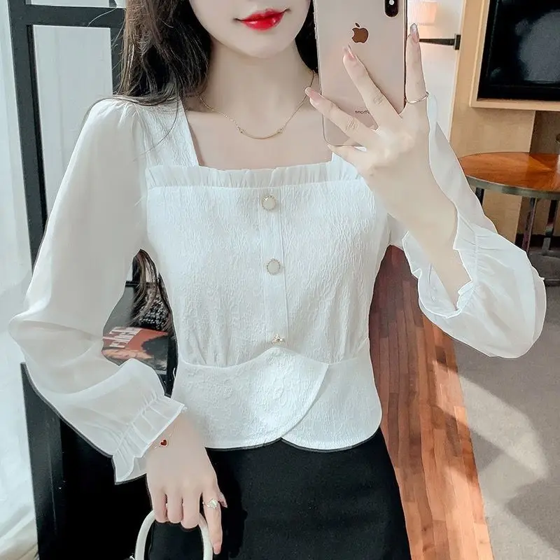 Small Fresh Square Neck Women's Shirt with Irregular Temperament Chiffon Top