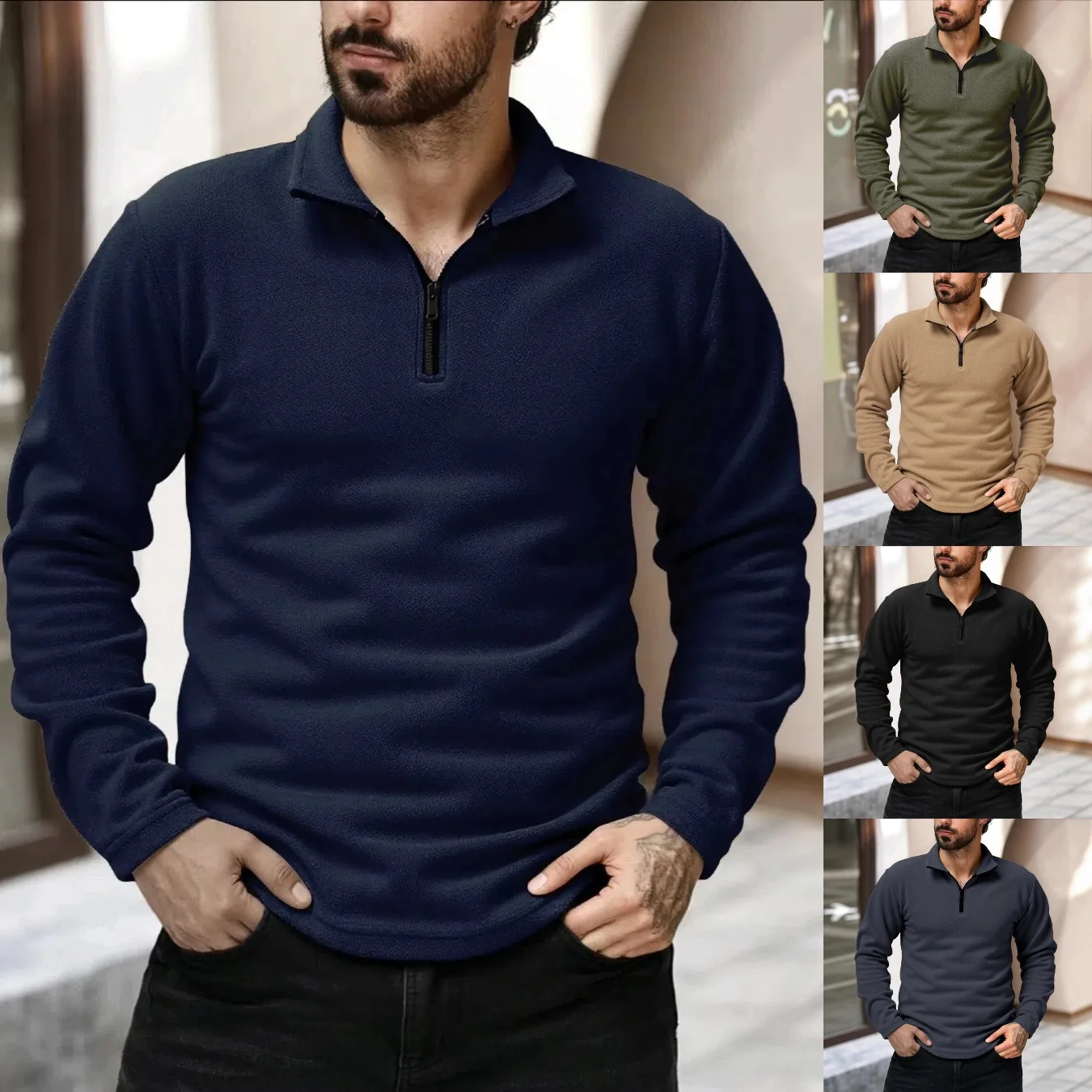 

Spring and autumn new men's half-zip stand-up collar long-sleeved pullover, plain color, comfortable and warm sports hoodie