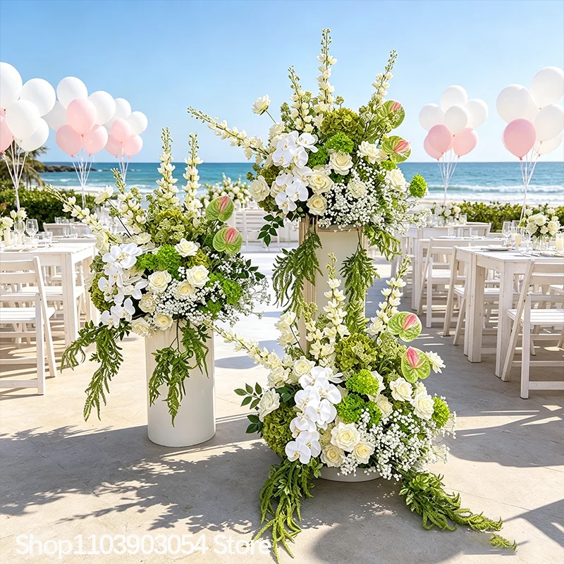 Neues 5D Hochzeits-Blumenarrangement mit grünen Pflanzen, Delphinium, Rosen, Bodenblumen, Hintergrund, Blumenreihe, Tischdekoration, Kugeldekoration für Events und Partys – Detail 4