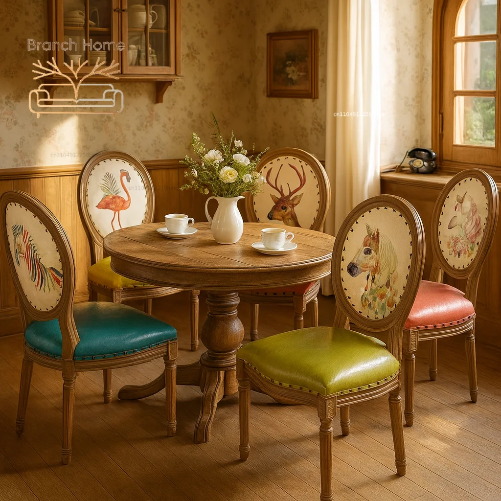 ‌Antique Nail Salon Chair‌,Distressed Wooden Dining Seat with Metal Studs, High-Density Sponge Cushion, Cafe & Hotel Furniture