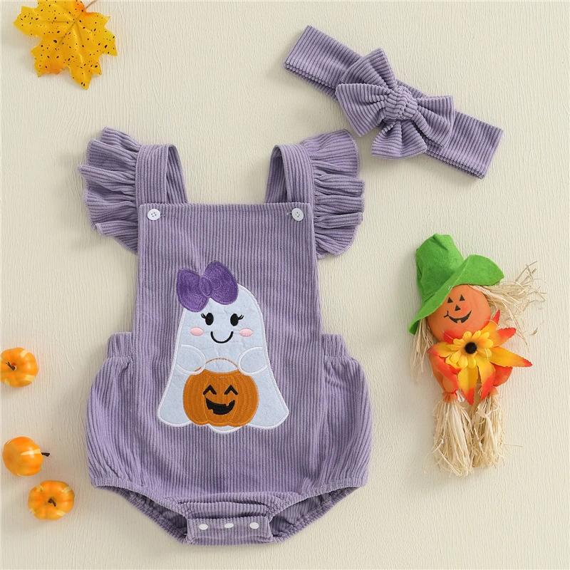 

Toddler Baby Girls Autumn Romper Casual Ruffle Sleeveless Bow Ghost Embroidery Jumpsuit Fashion Infant Newborn Halloween Clothes