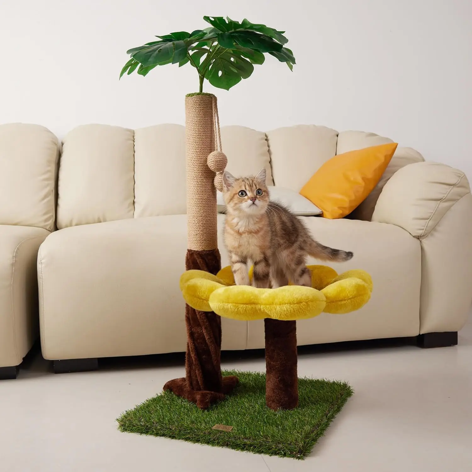 

33.86" Tall Cat Scratching Posts Cat Scratcher with Premium Sisal Rope, Sunflower Cat Platform and Danging Balls,Cat Scr
