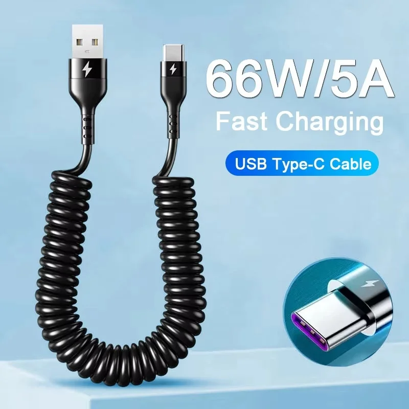 5A 66W USB Type-C Spring Telescopic Data Cable Car USB Fast Charging Data Charging Cable Accessories For iPhone Xiaomi OnePlus