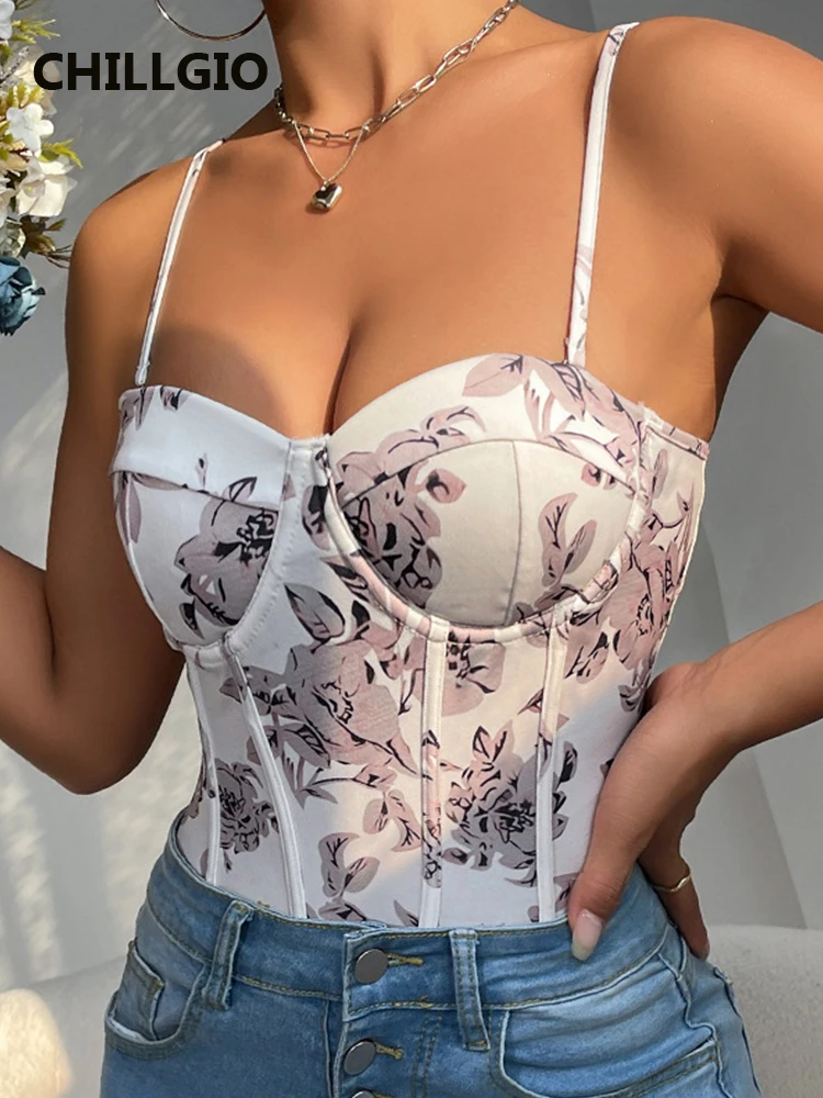 CHILLGIO Women Printed Strappy Bodysuits Tops Sexy Bodycon Shaping Adjustable Romper Jumpsuits Elegant Retro Playsuit Streetwear