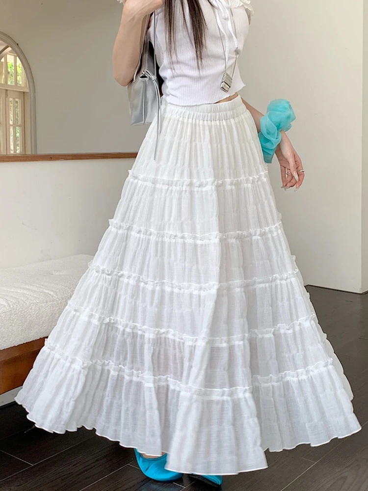 White Black Long Skirt Women Maxi Skirt 2025 Korean Goth Casual Spring Summer High Waisted High Low Ruffle Pleated Skirts rok