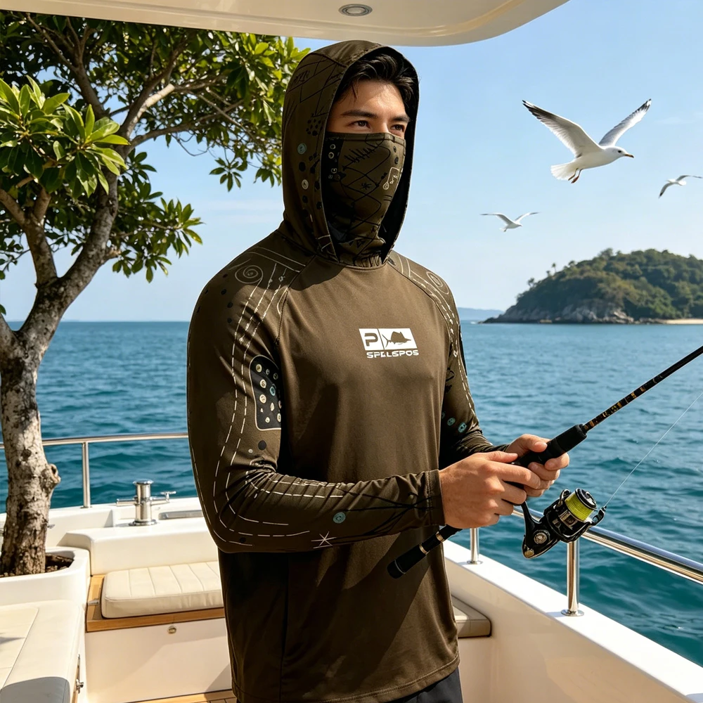 夏用メンズフード付き釣り用トップス長袖釣り服通気性upf50-軽量ウェア、釣り用フェイスマスク付き
