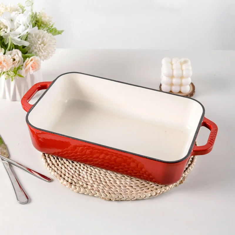 Red Enameled Cast Iron Baking Pan Rectangular Lasagna Dish Large Roasting Pan