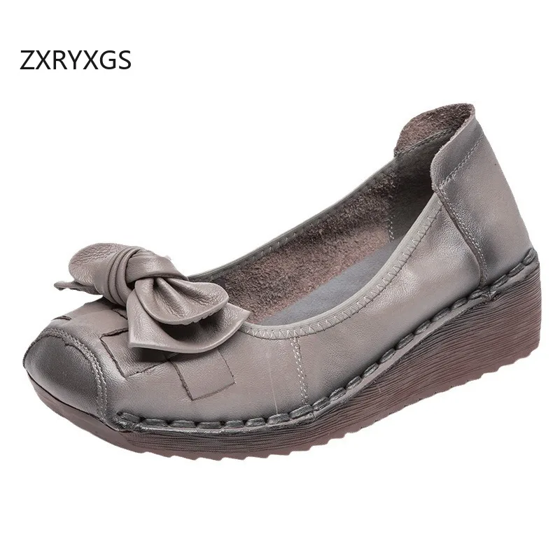 

ZXRYXGS Genuine Leather Bow Women Shoes 2024 New Spring Comfortable Soft Sole Non-slip Mid Heel Wedges Shoes Woman Fashion Shoes