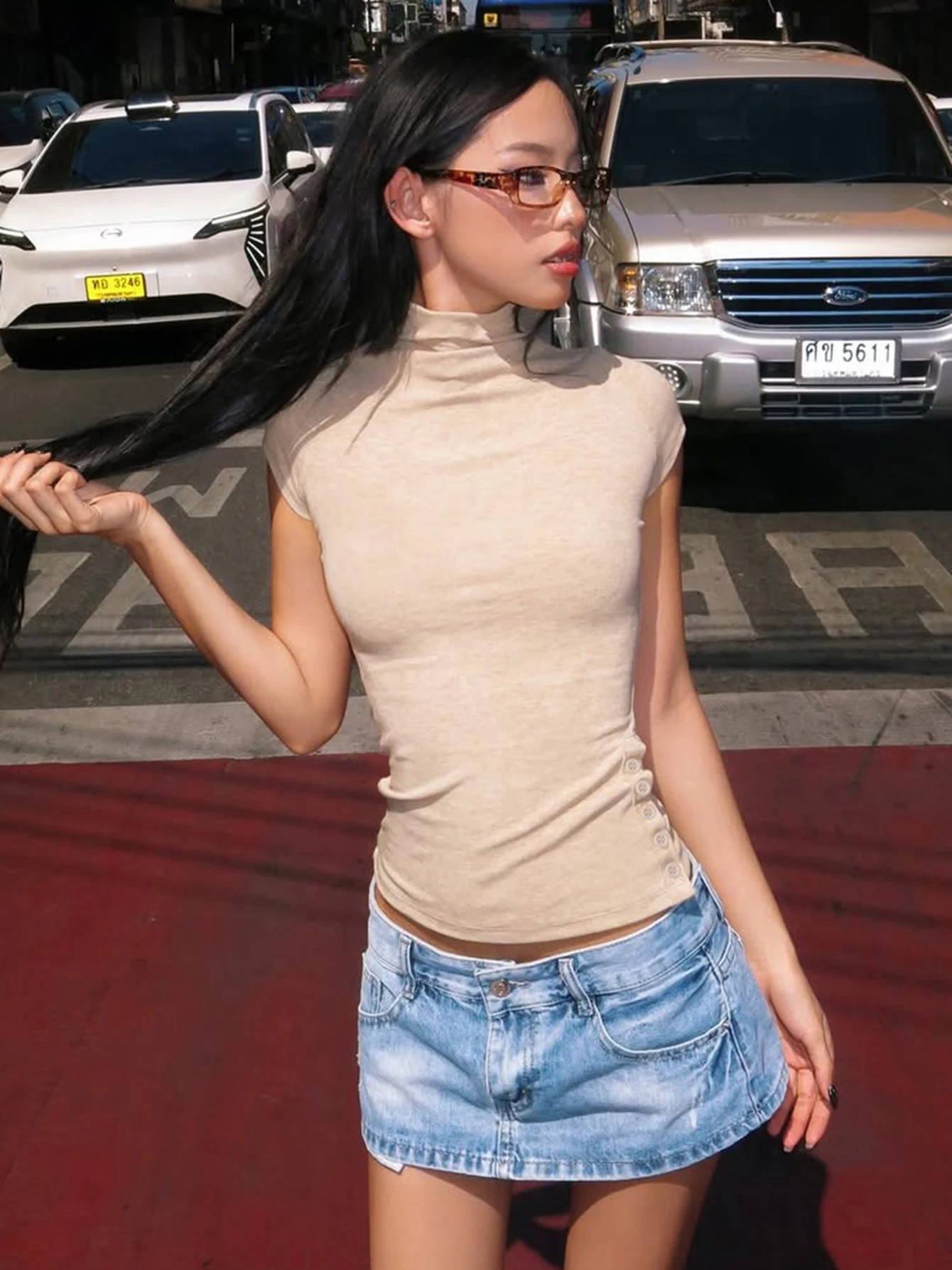 Dulzura Turtleneck Short Sleeve Side Slit Slim Fit T-Shirt Women'S Vintage Casual Versatile Y2K Top Street Style Summer Clothes