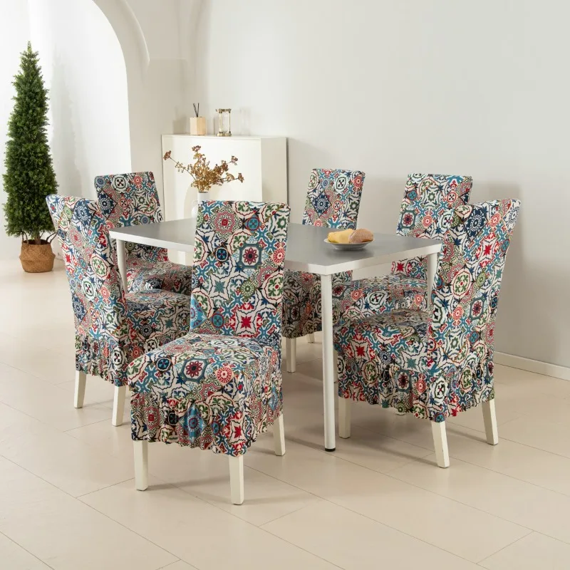 Removable Dining Room Chair Covers with Skirt High Stretch Chair Covers for Dining Chairs Covers Spandex Print Chair Slipcovers