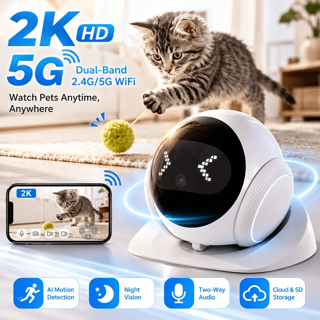 2K HD Robot Pet Camera, Dual-Band 2.4G/5G WiFi Indoor Security Camera with AI Motion Detection, Night Vision, Two-Way Audio, Clo