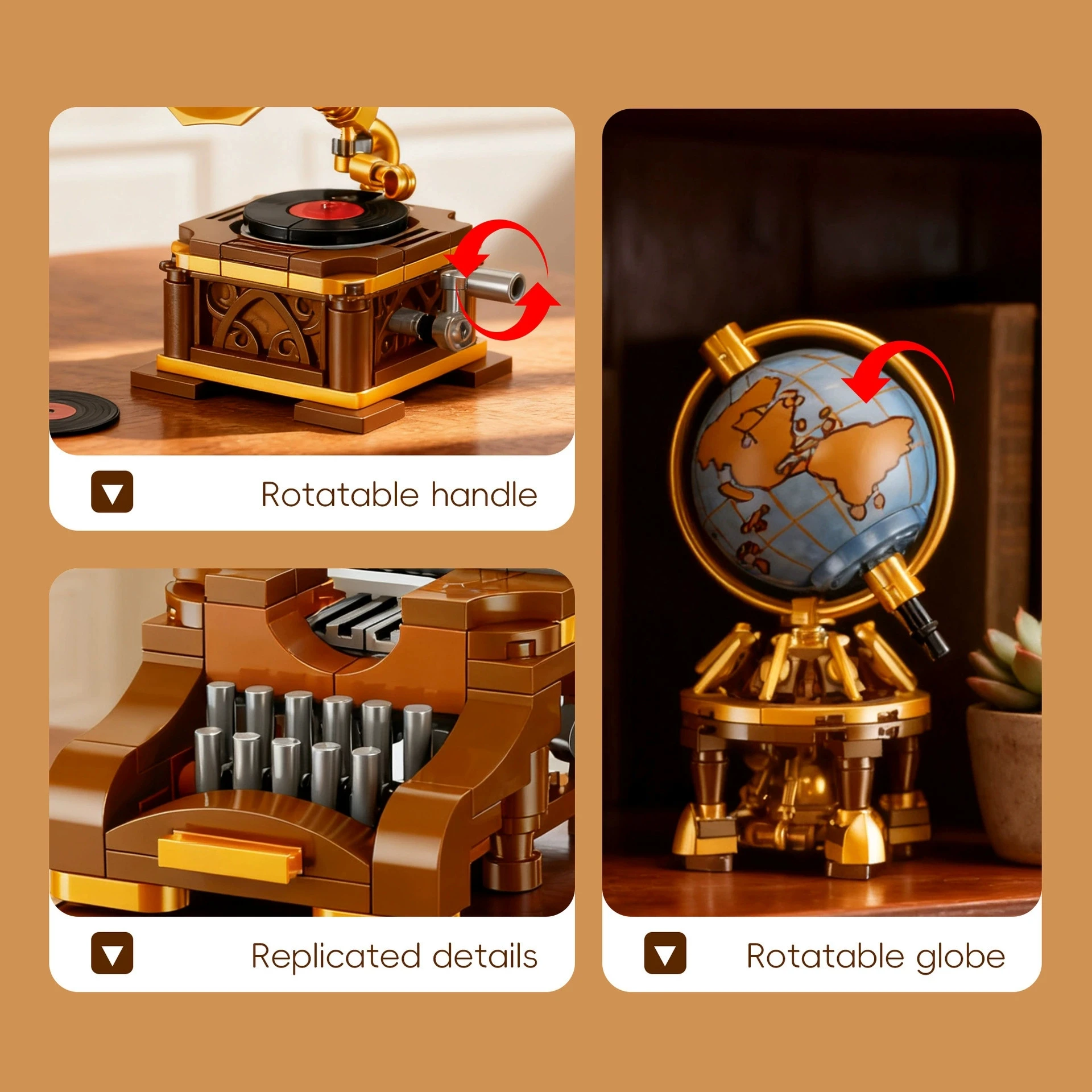 DIY Retro Electrical Typewriter Appliances Leather Sofa Globe Furniture Gramophone TV Building Blocks Model Bricks Sets Toys