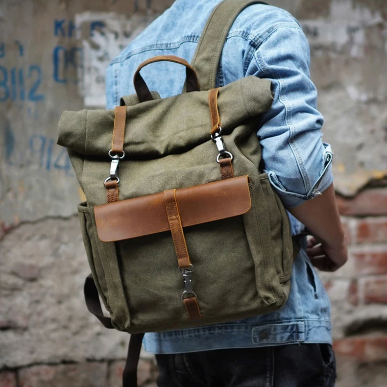 Vintage Oil Waxed Canvas Leather Backpack Teenager School Bag Travel Waterproof Daypacks 14