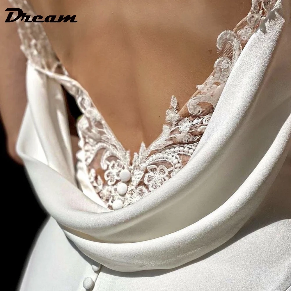 Dream personalizado elegante decote em v sereia vestido de casamento alças espaguete renda cowl drapeado volta sem mangas praia simples vestido de noiva