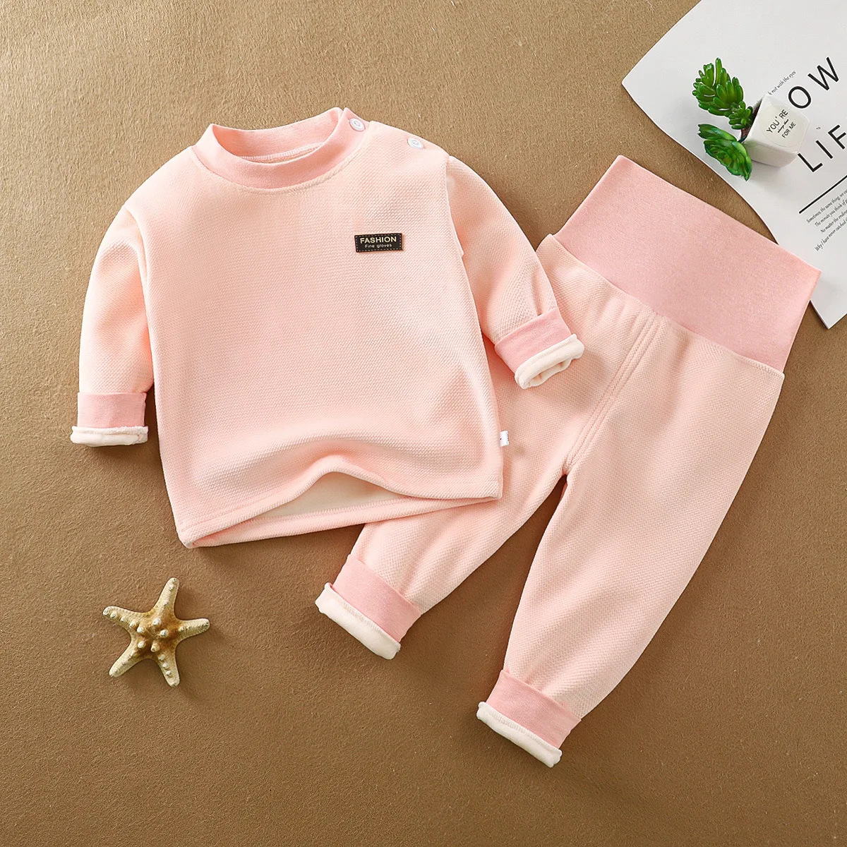 Kid Unisex High Neck Fleece-lined Top High Waist Pants Set Small Black Patch Ideal for Children Two Piece Set Baby Daily Wear