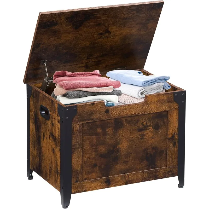 

Скамья для хранения, деревянный сундук в стиле ретро 23,6 дюйма с 2 предохранительными петлями, нагрузка 300 фунтов, простая сборка, оттоманская скамья для хранения вещей