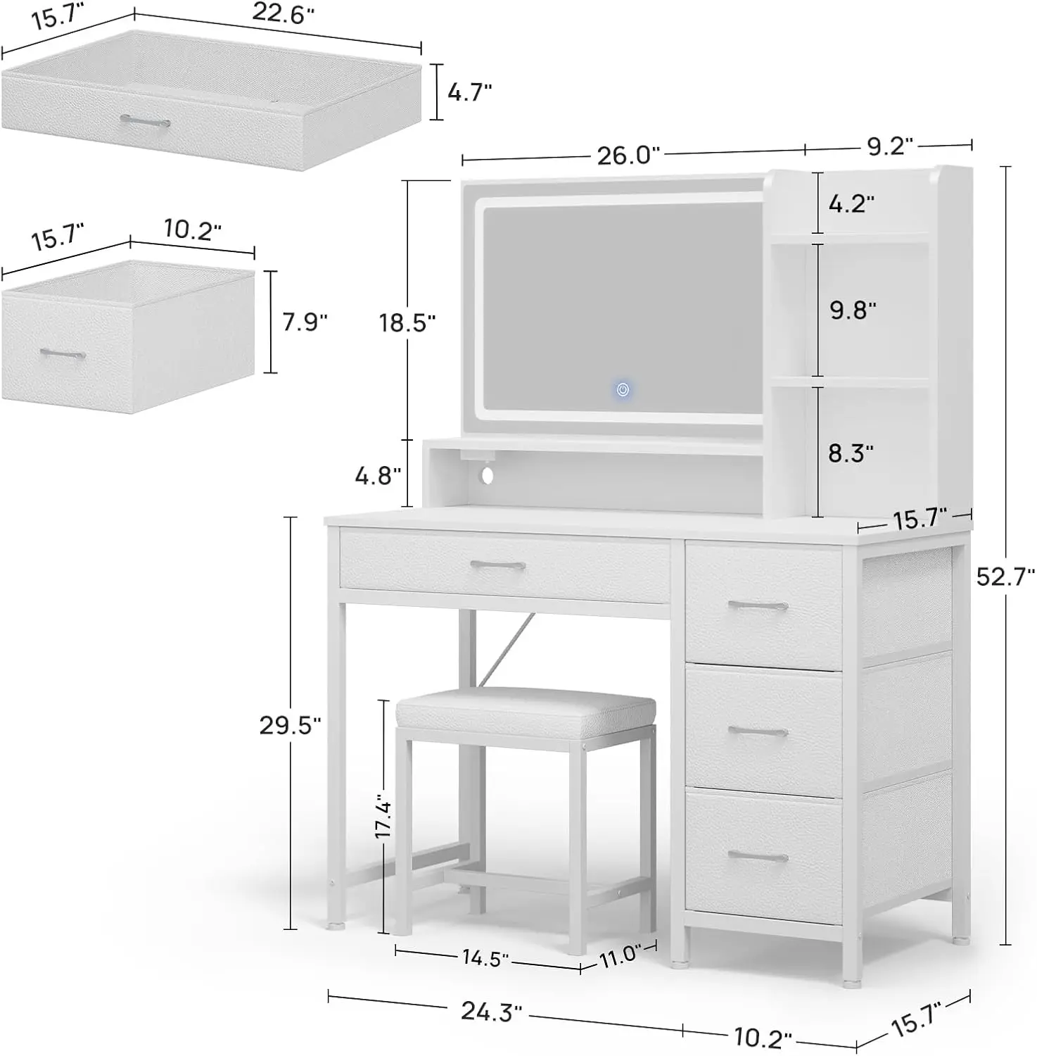 Bureau de courtoisie avec miroir et lumières, maquillage avec tabouret rembourré, 4 tiroirs, prises de courant, ensemble de 4 Com