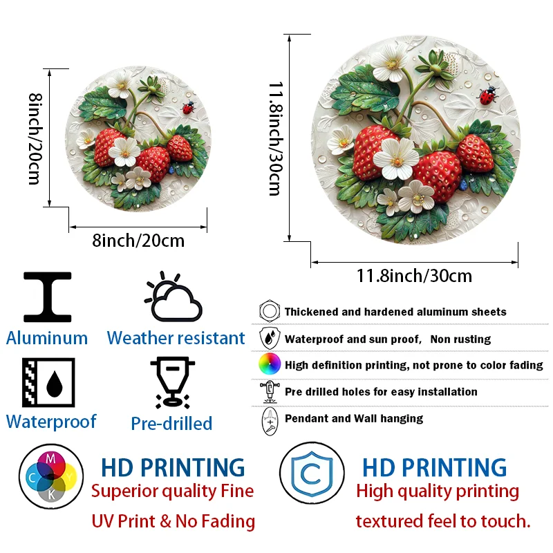 Stampa artistica di fragole e ghirlande floreali in alluminio, coccinella e fiori, insegna in metallo 2D, decorazione da parete per la casa e il