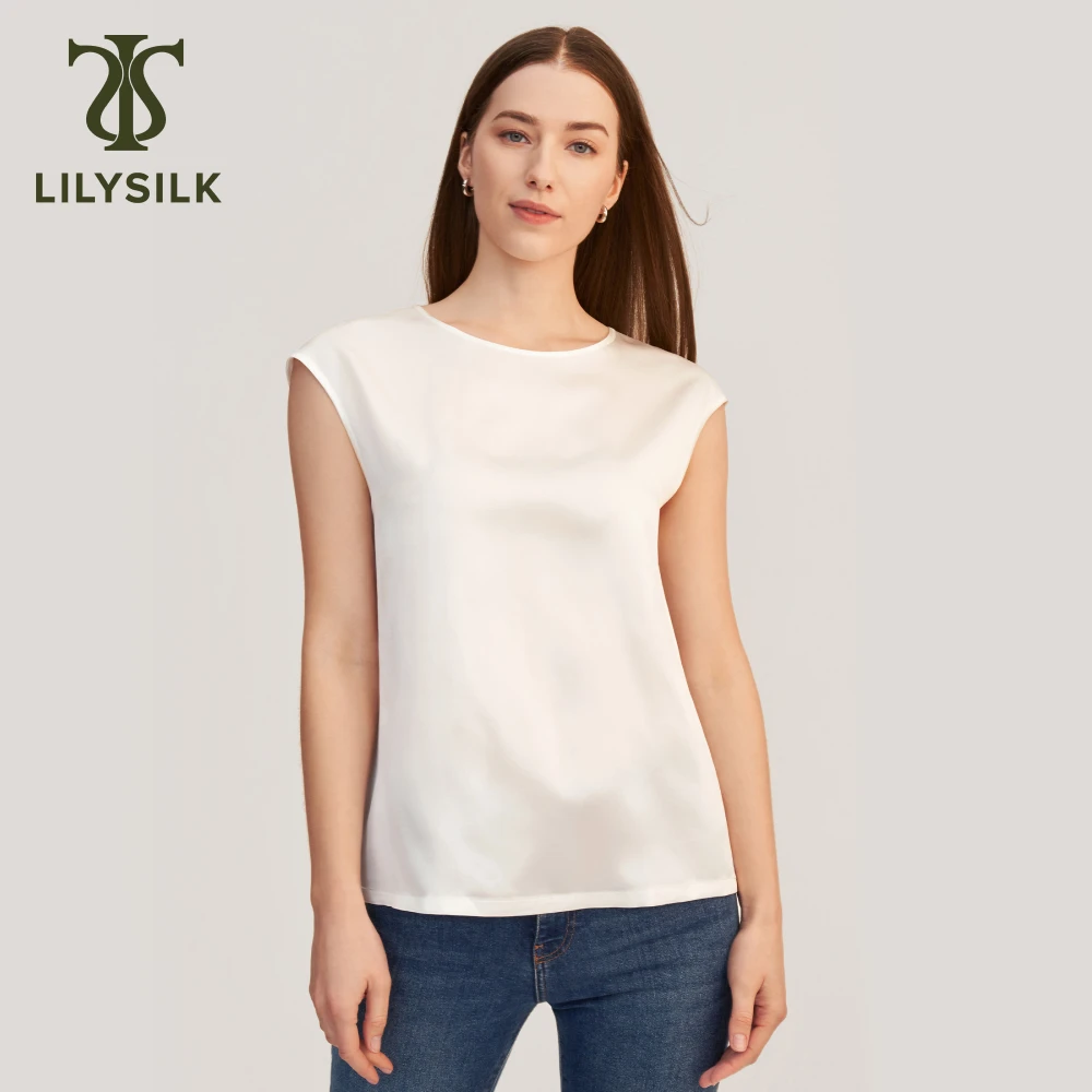 LILYSILK Women's Basic Cap Sleeves Silk Tee Ladies Relaxed Fit Round Neck Top for Everyday Wear