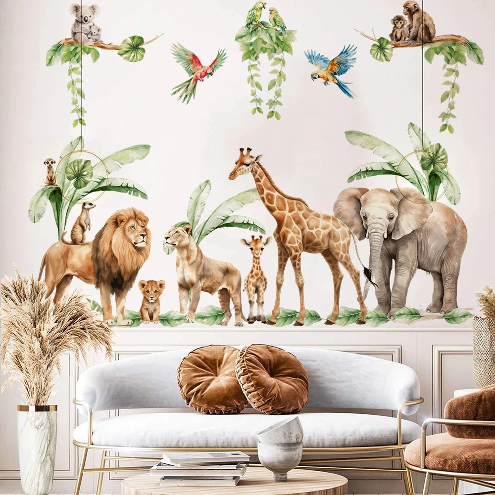 Large Jungle Safari  Animals Wall Stickers Palm Tree Forest Giraffe Tiger Elephant Wall Decals Bedroom Playroom Home Decor