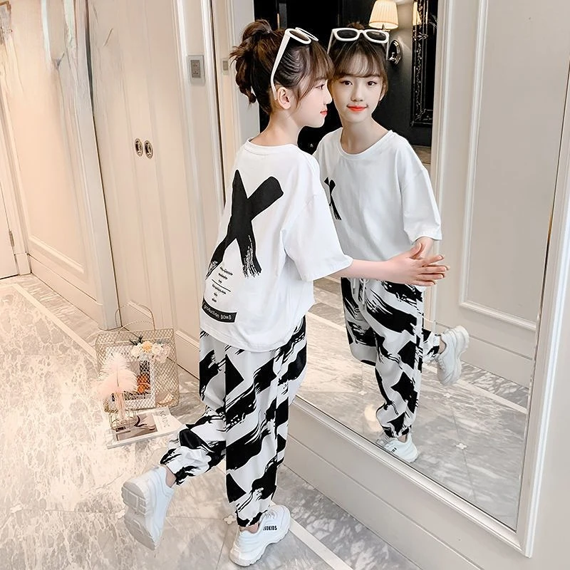 Girls Summer Casual Sports Suit Childrens Korean Style Fashionable Short-sleeved Cropped Pants Two-piece Suit Kids Sets 7 11 12y