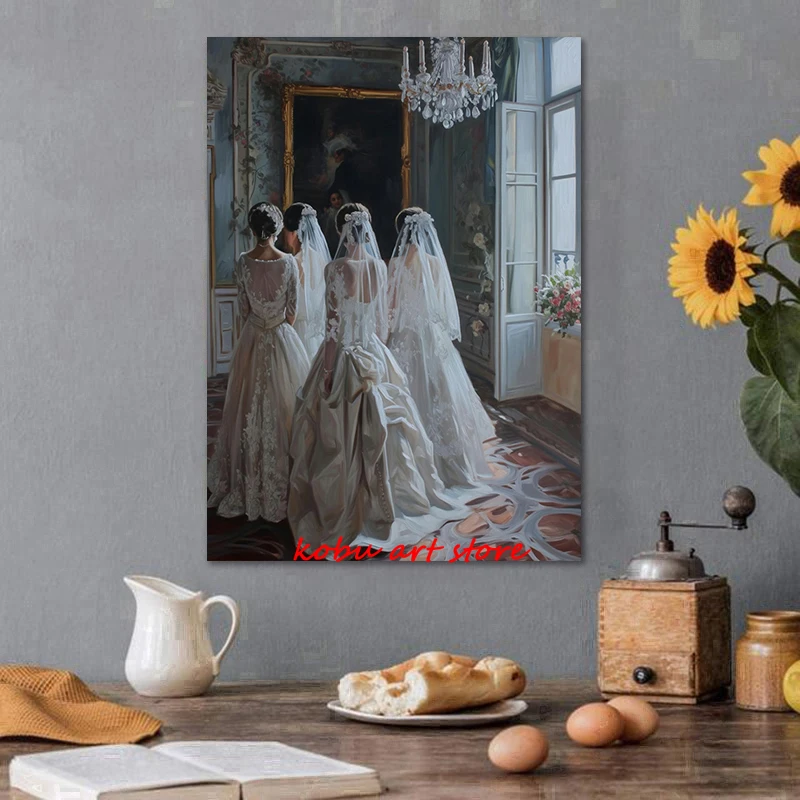 Dark Victorian Elegant Woman Lace Veil Posters Canvas Printing White Skirt Wedding Dress Bride Vintage Wall Art Room Home Decor