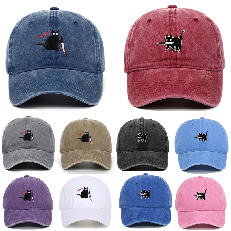 Embroidery knife with Cat Cap Old Summer Spring Baseball Caps Woman Man Couple Soft Washed Top Cap Tide Hats Accessories Gifts