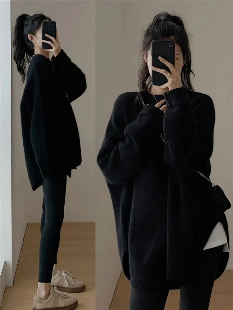 Women Loose Cashmere Sweater Korean Mid Length Knitwear Vintage French Solid Oversized Pullover Autumn Winter Turtleneck Sweater