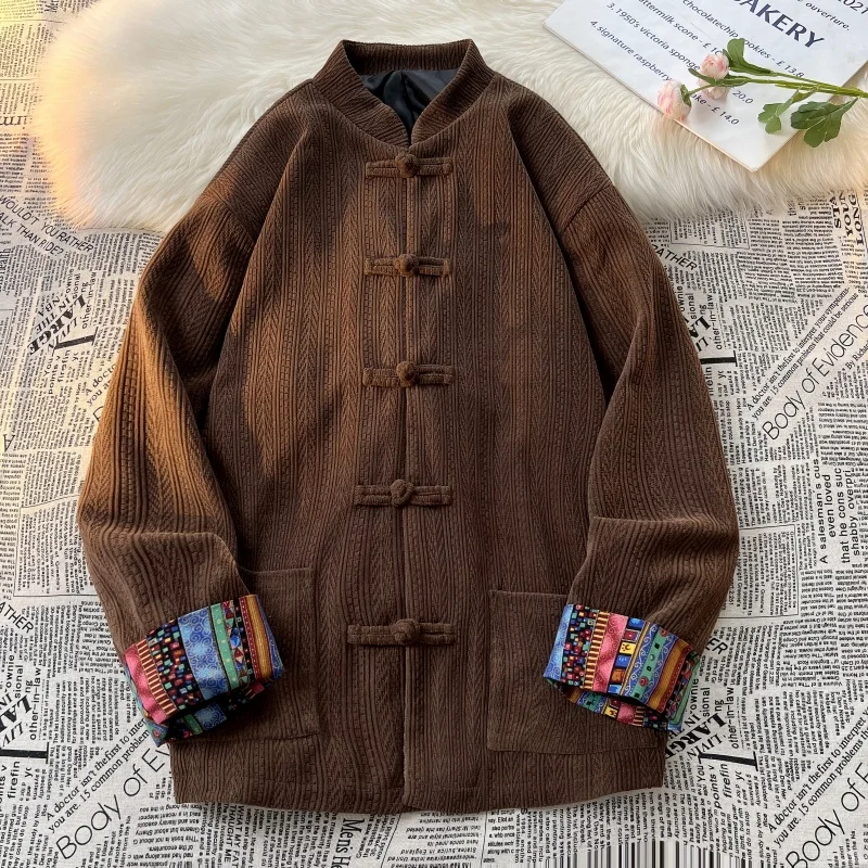 Costume da tè retrò Jaet da uomo primavera autunno sciolto stampa tibetana nazionale Sle casual lungo Sve capispalla fibra di poliestere