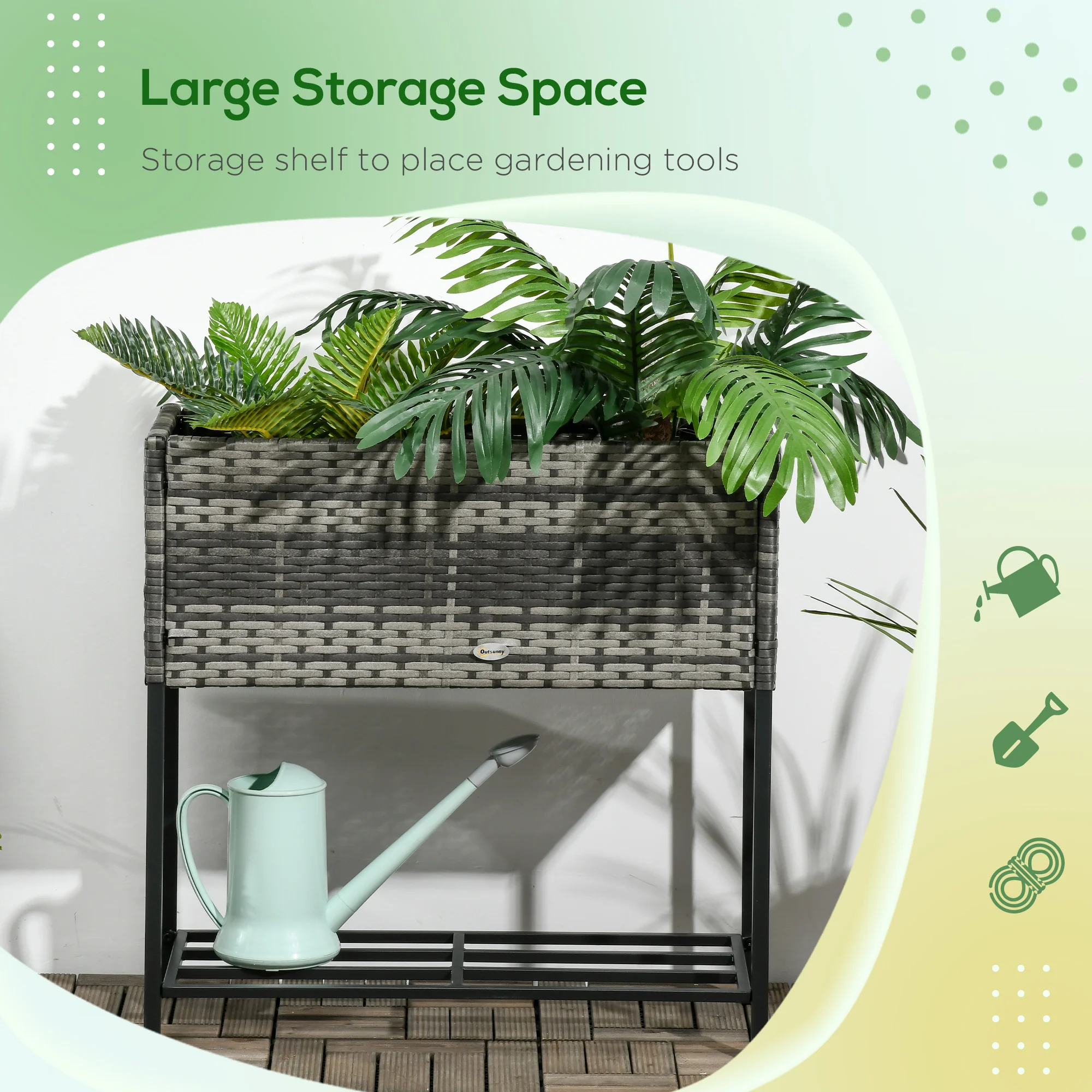 Outsunny Raised Garden Bed, Elevated Planter Box with Rattan Wicker Look, Tool Storage Shelf, Portable Design for Herbs, Vegetab