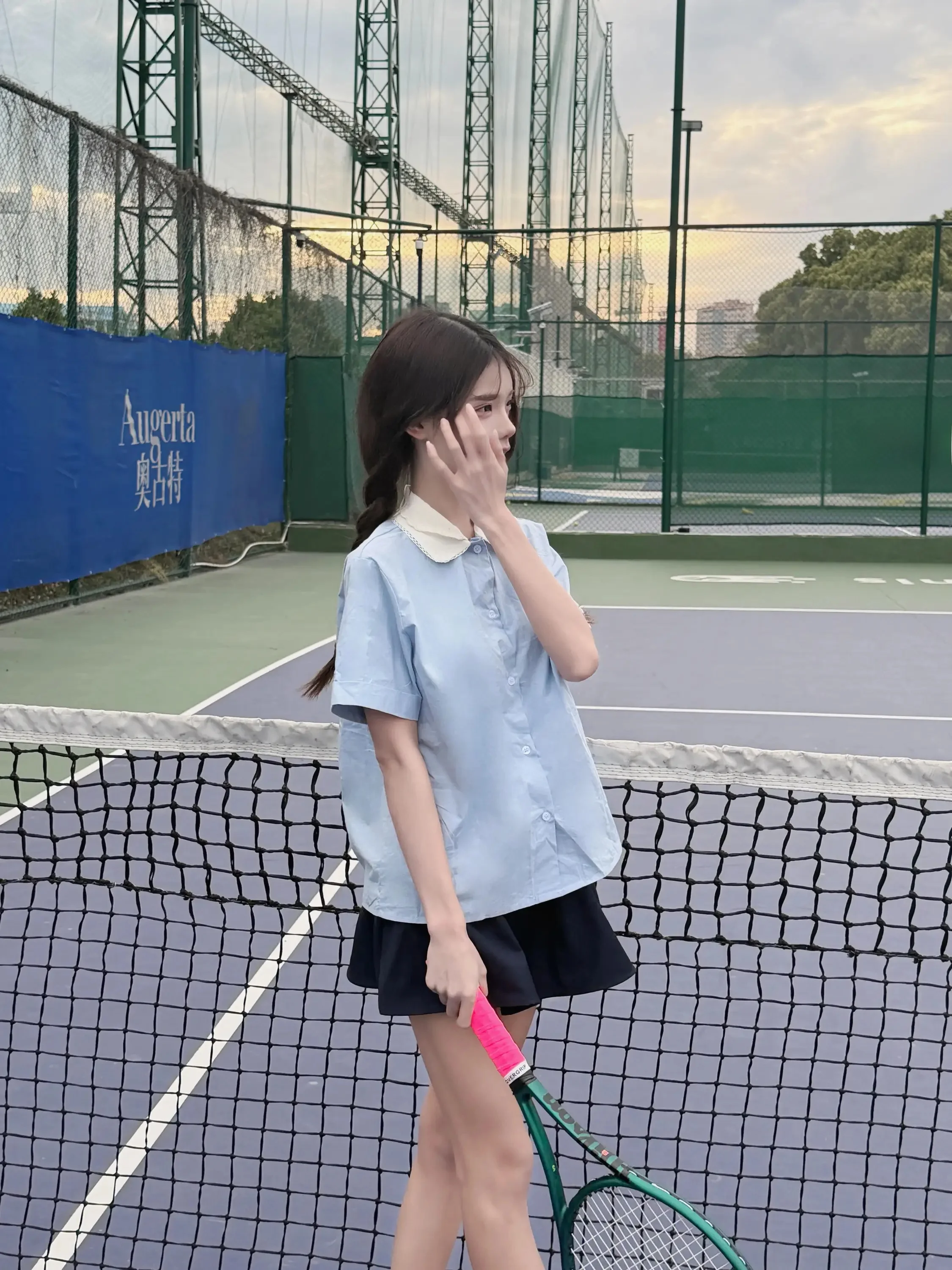 Korean Style Blue Doll Collar Short Sleeve Shirt And A-Line  Skirt Outfit Summer Season Complete Set Student Uniform