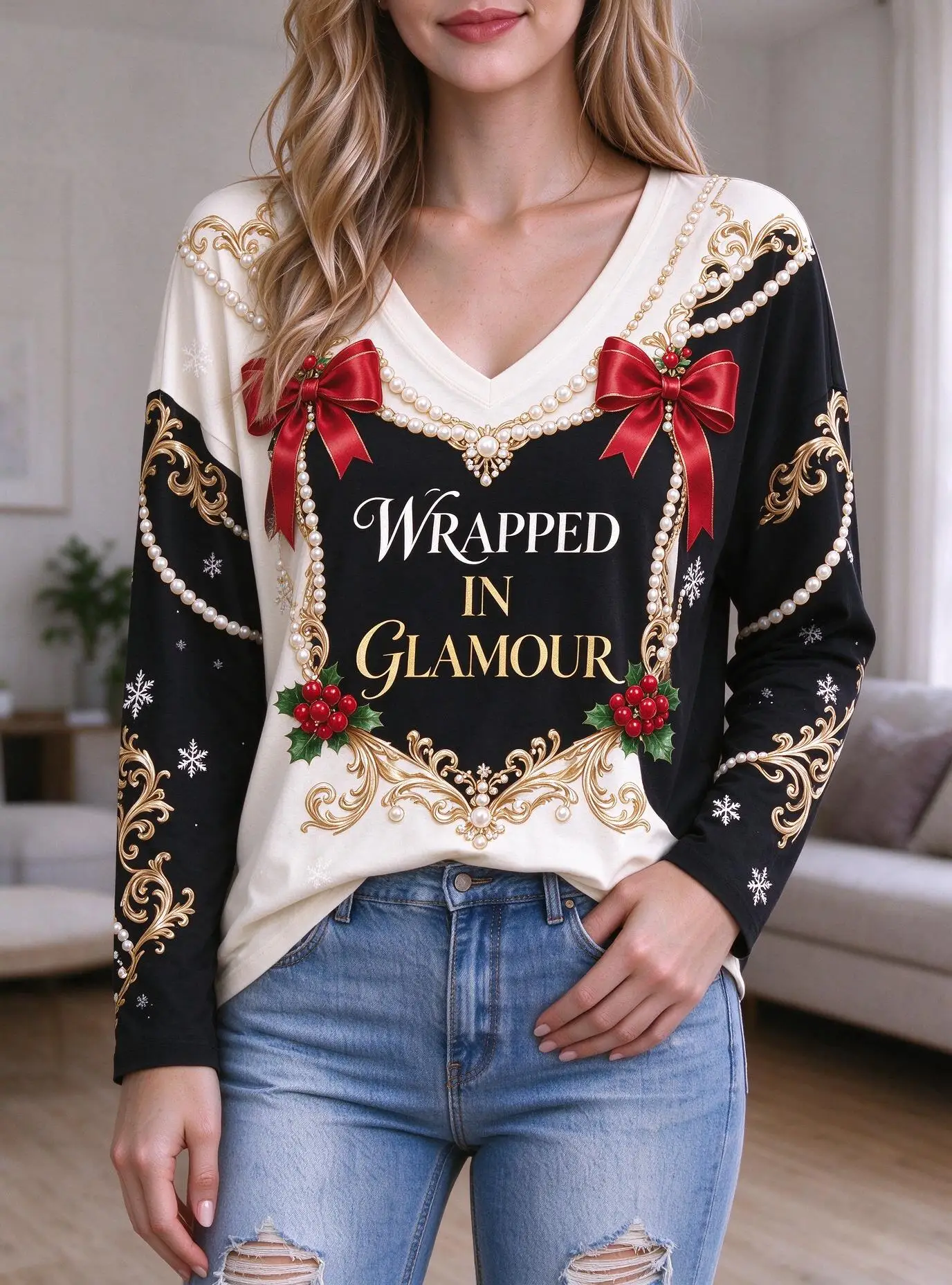 Women V Neck Long Sleeve T-shirt Wrapped In Glamour Letter Bow Pearl Snowflake Print Casual Tee Tops