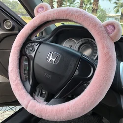 Short Plush Steering Wheel Cover Kawaii Winter Warm Car Handle Cover Anti-skid Cartoon Cute Cat Ear Steering Cover Pink Gift