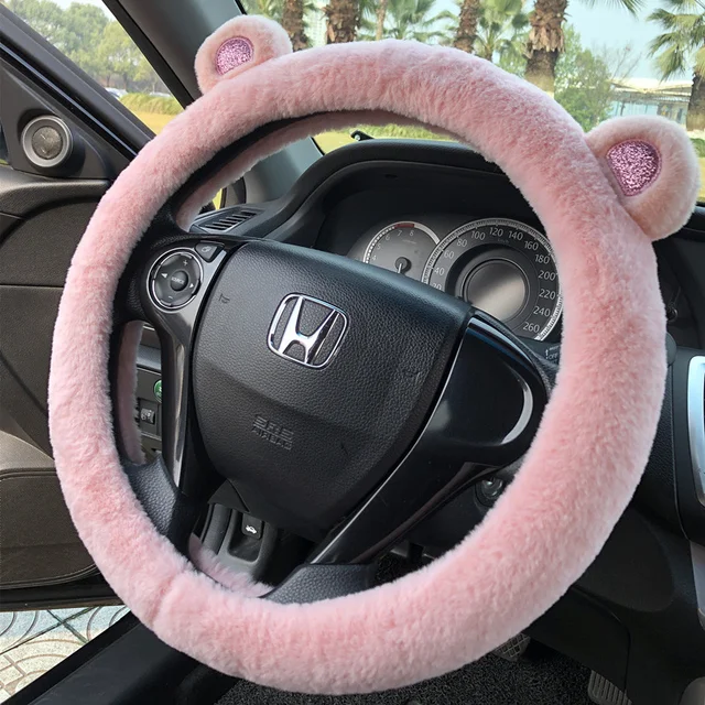 Krótki pluszowy pokrowiec na kierownicę Kawaii Winter Warm uchwyt samochodowy pokrowiec antypoślizgowy Cartoon urocze kocie uszy pokrowiec na kierownicę różowy prezent