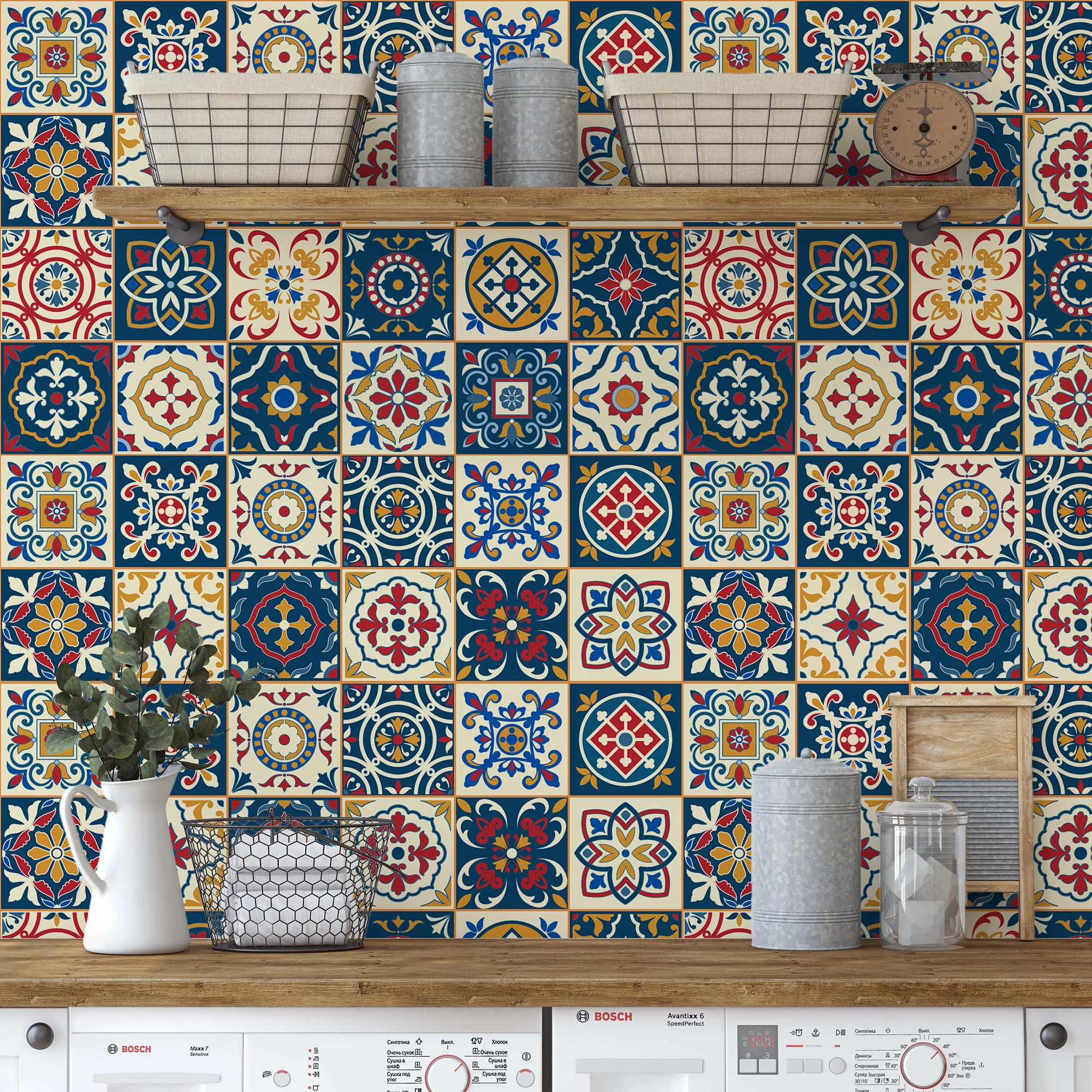 

1/2 pcs Moroccan Checkered Squares Colorful Pattern Floral Kitchen Wall Tile Effect Decor Sticker Protection Anti-oil Waterproof